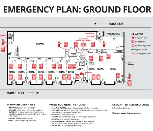 Plan of a residential or strata building with retail stores and parking on ground floor. Detailed text instruction for residents in case of an emergency.